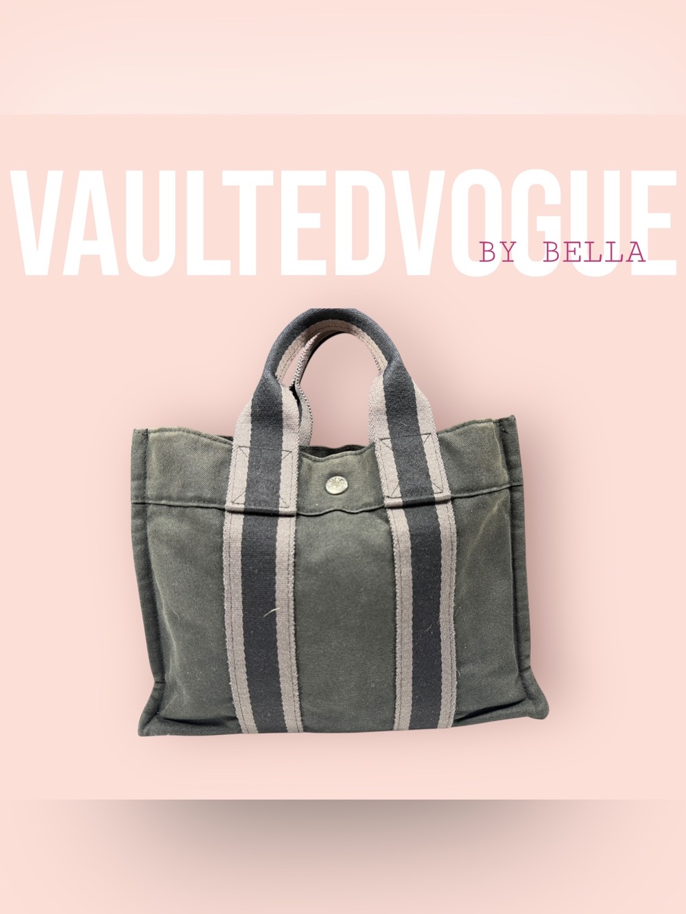 Hermes Olive Green Canvas Tote with Gray and Black Striped Handles